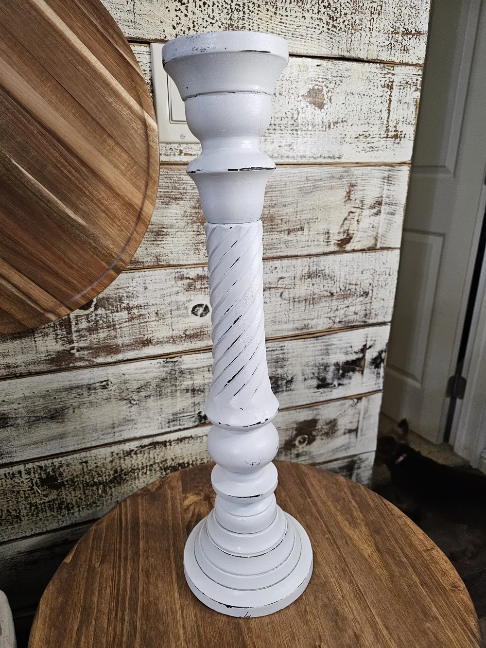 Tall Rustic/Farmhouse White Distressed Wooden Candle Holder